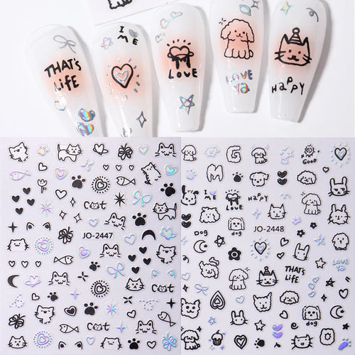 2Pcs Cartoon Cute Cat Nail Childlike Stickers Holographic Love Heart