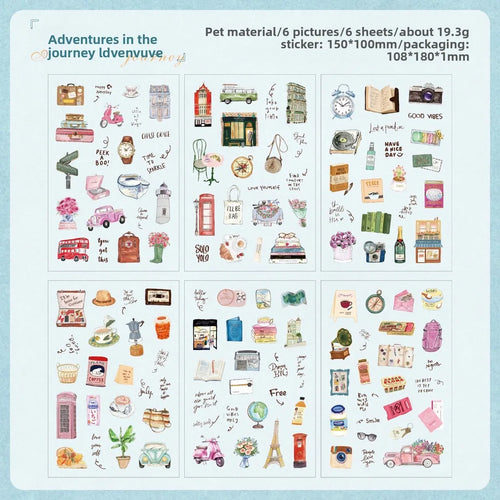 Journamm 6sheets Vintage Scrapbook Stickers PET Diary Sticker Pack for