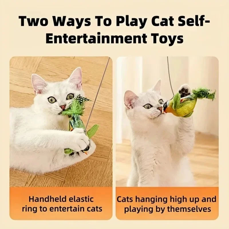 The pet cat toy emulates the sound bird to amuse the cat elastic rope