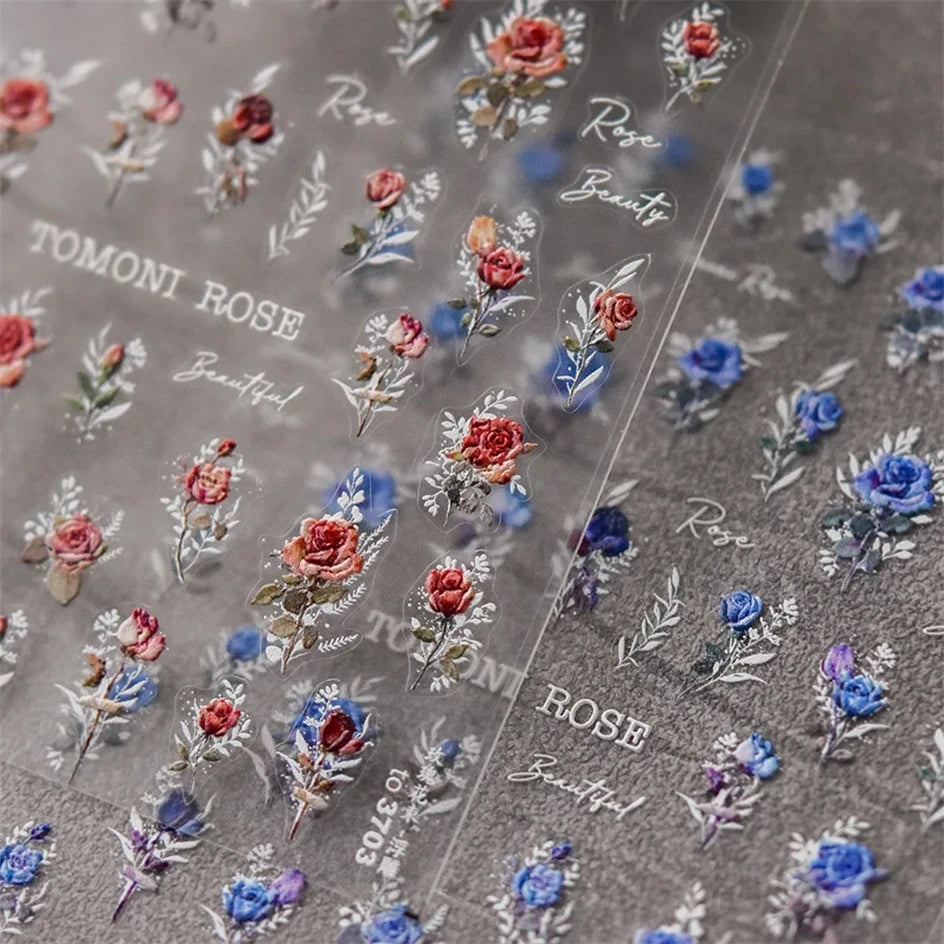 Japanese Vintage Red & Blue Rose Flower Laser Gold Silver Nail
