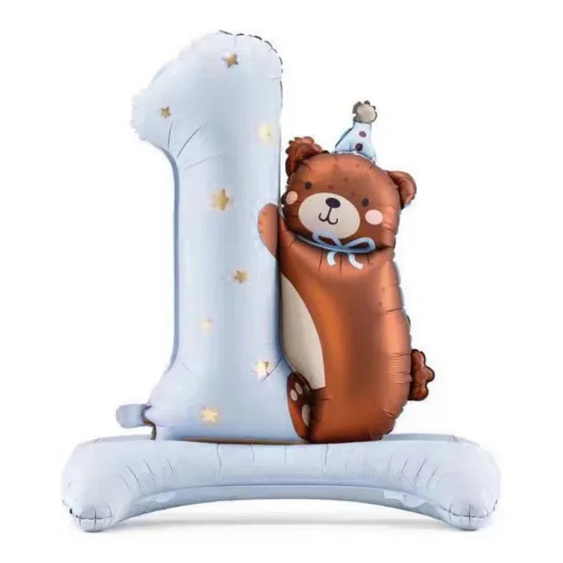1PC Brown Pink Blue Bear One Year Old Standing Balloon Children's Baby