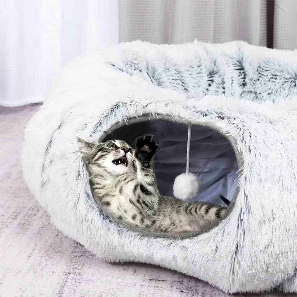 Winter New Arrival Plush Cat Tunnel Bed Foldable Two-in-One round