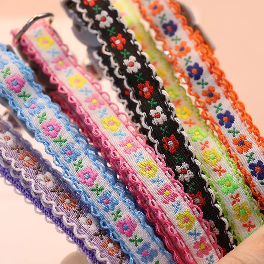 Hand Knitting Flower Pet Collar With Bell Colorful Retro Style Cat