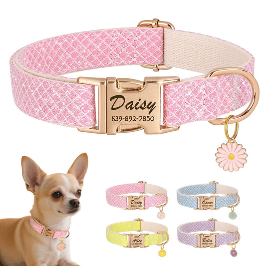 Bling Nylon Custom Dog Collar Cute Flower Tag Dog Collars Engraving