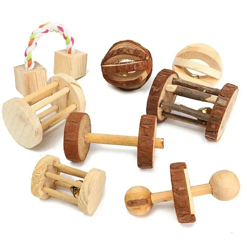Cute Rabbit Roller Toys Natural Wooden Pine Dumbells Unicycle Bell
