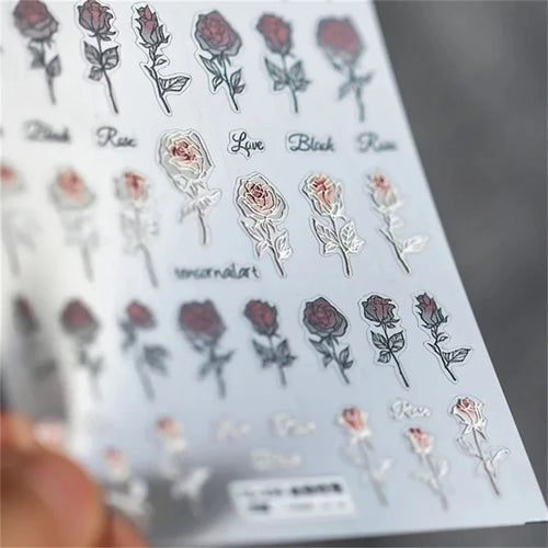 Japanese Vintage Red & Blue Rose Flower Laser Gold Silver Nail