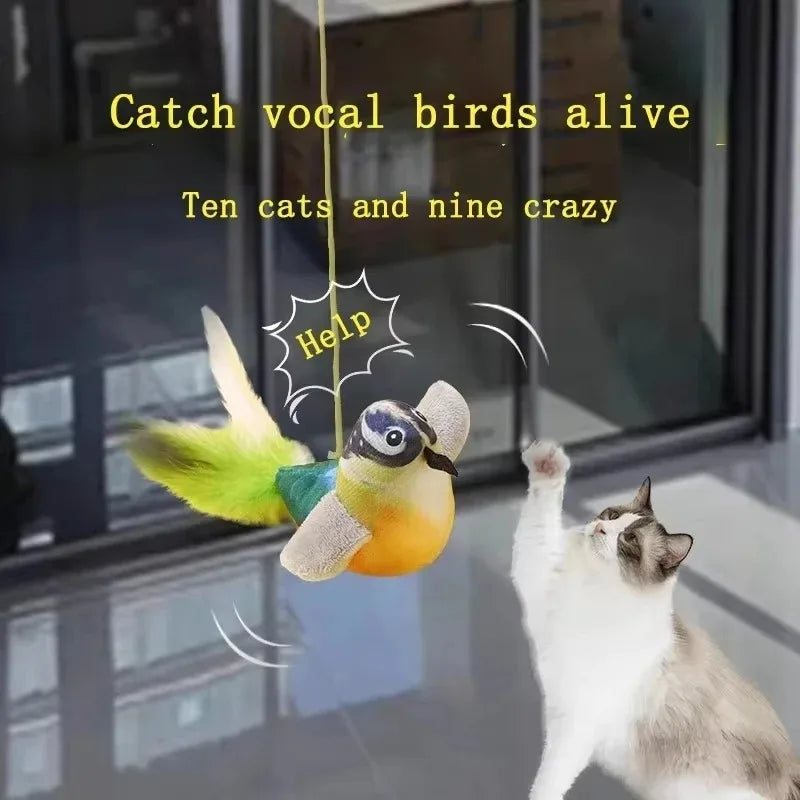 The pet cat toy emulates the sound bird to amuse the cat elastic rope