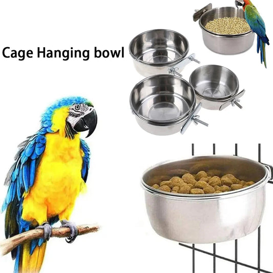 Parrot Rabbit Hamster Pet Food Dish Stainless Steel Clamp-on Water