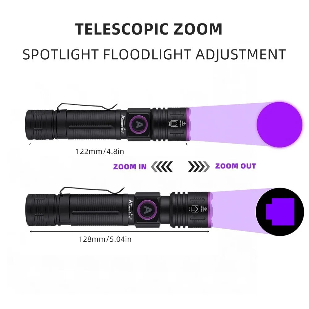 365/395nm Zoom UV Flashlight USB Rechargeable Ultraviolet adhesive
