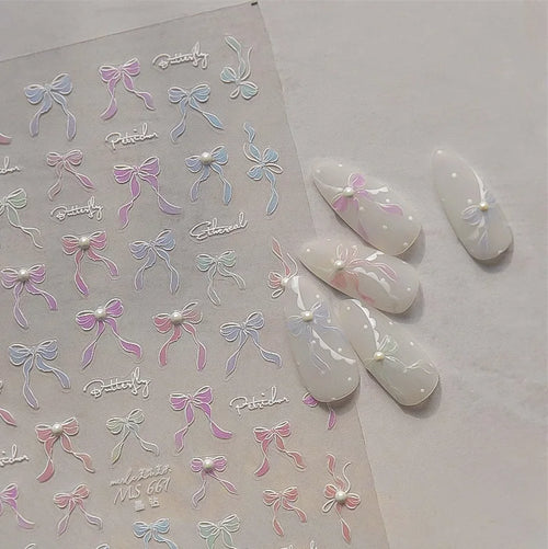 1pcs Sweet Pearl Lace Bow Nail Stickers Love Heart Pink White Black