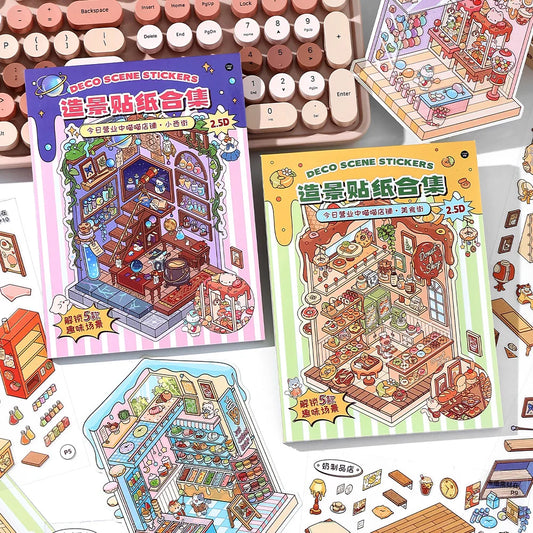 13 Pcs in 1 Book Cartoon 2.8D Landscape Sticker DIY Pocket Cabin Scene