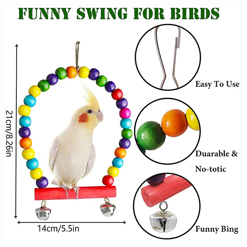 7PCS Bird Toy Wood Parrot Toys Set Cage Bird Accessories Swing