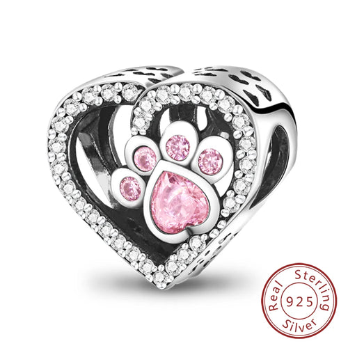 Charms 925 Sterling Silver Dog Cat Paw Print Love Pets Charms Beads