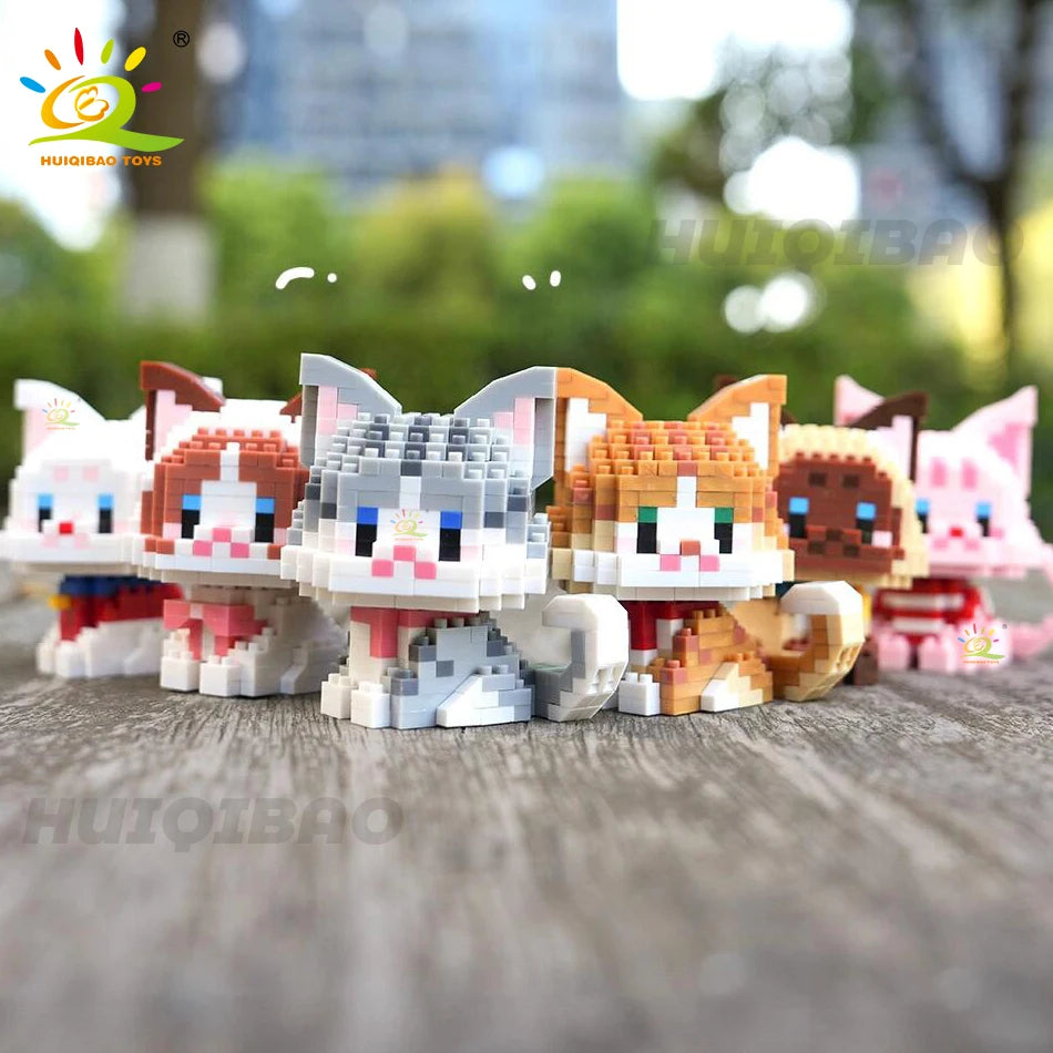 HUIQIBAO Cute Cat Micro Model Building Block Kids Mini Pets City
