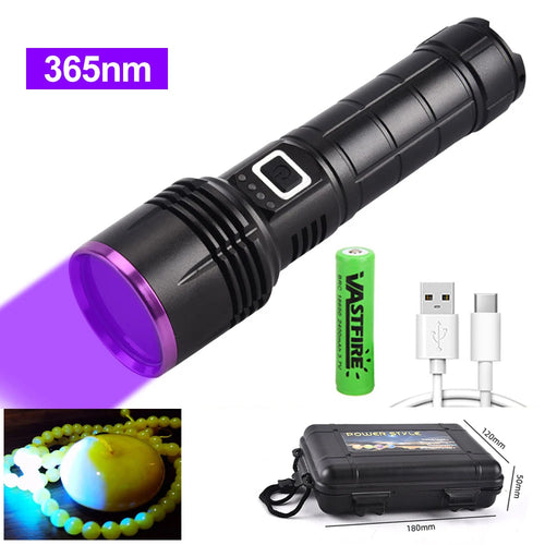 Powerful 365NM UV Flashlight USB Rechargeable Waterproof Purple Light