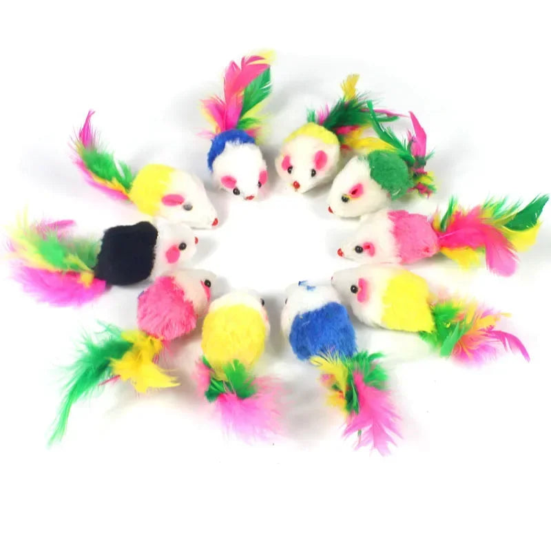 Pet Cat Toys Rabbit Fur False Mouse  Feather Rainbow Mouse Toy  Funny