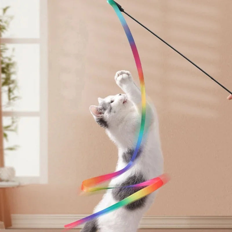 Interactive Coloured Ribbon Cat Toys Teasing Catd Stick Satin Ribbon