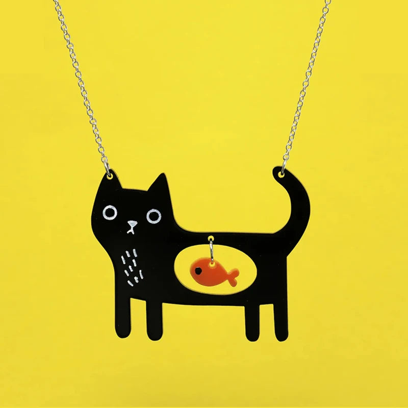 Cute Acrylic Black Cat And Fish Pendant Necklace Kawaii Pet Dog