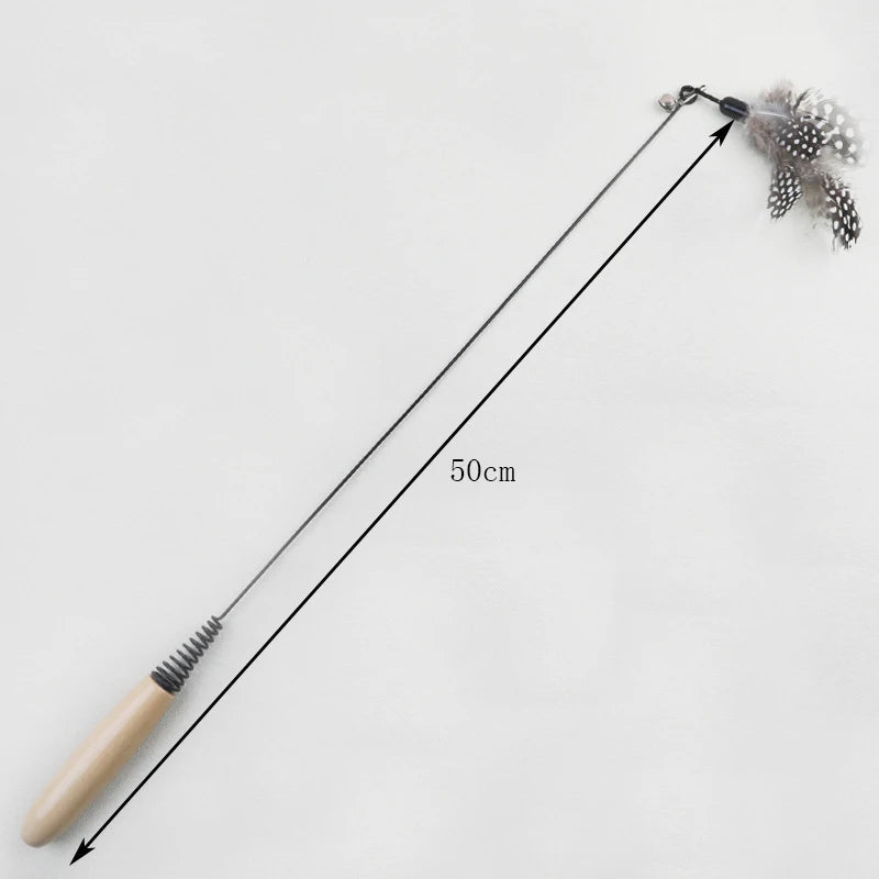 Wooden handle spring teasing cat stick pearl feather replacement head