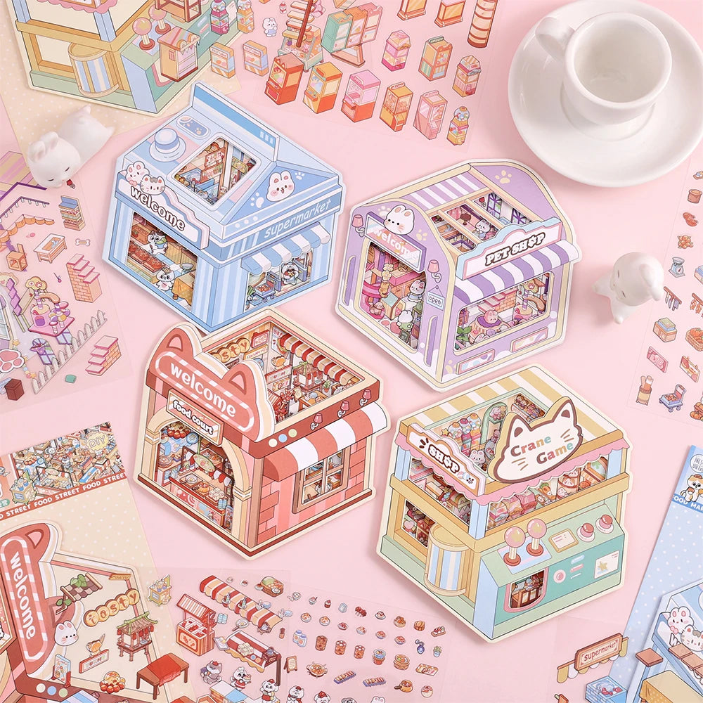 4 Pack/Set Microscopic 3D House Stickers Collection Waterproof PET