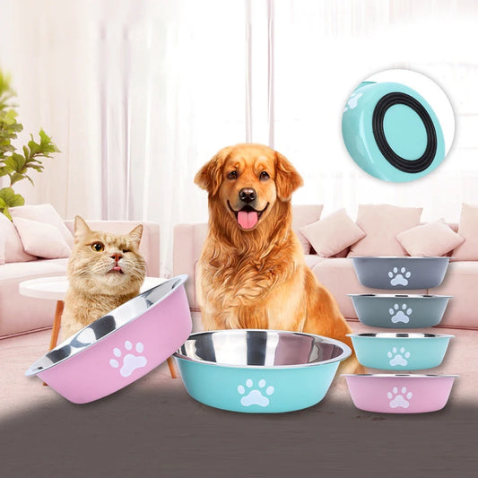 New stainless steel dog basin paw print pet supplies cat bowl dog bowl