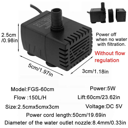 Ultra Quiet USB Aquarium Fish Tank Filtration Pump Mini Pet Fountain