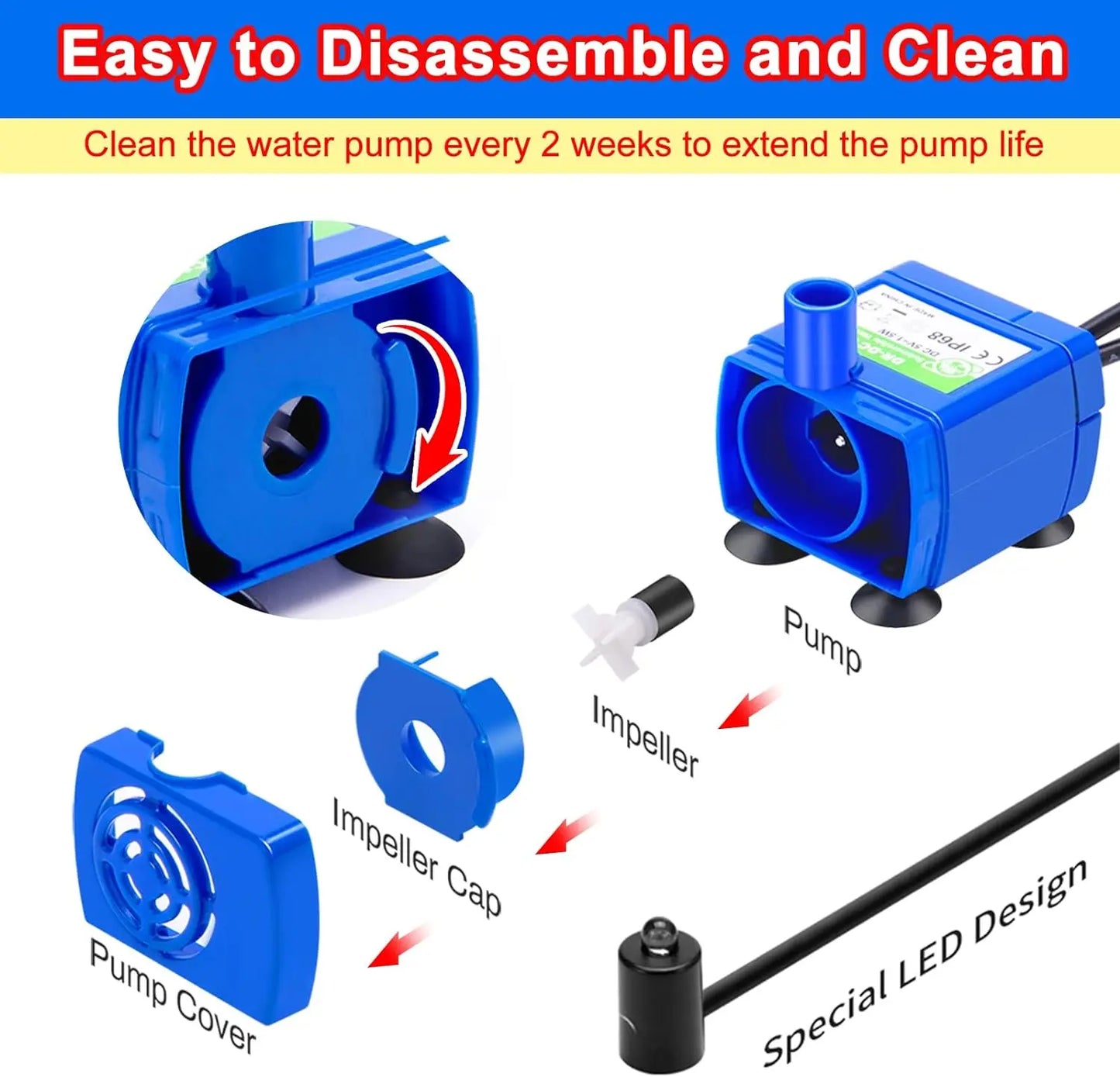Water Pump LED Light Pet Cat Water Fountain Motor Replacement for Cat