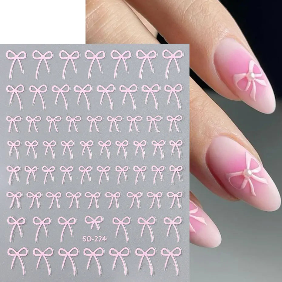 8pcs Mixed Color Bow Nail Art Stickers 3D Cute Red Black Pink bowknot
