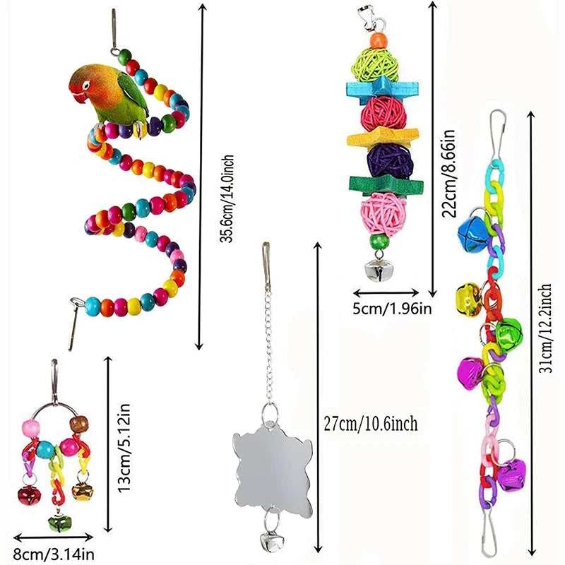 7PCS Bird Toy Wood Parrot Toys Set Cage Bird Accessories Swing
