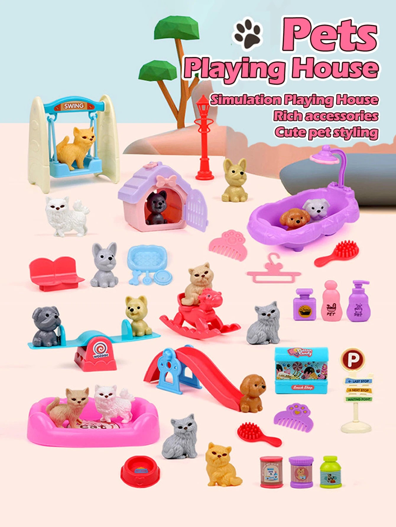 Cute Dog Pet Basket Family Toys Dog Doll Set Dog Cage Toys Scene