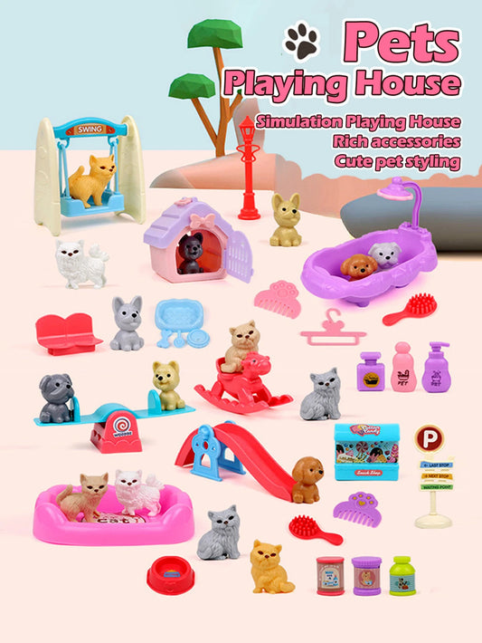 Cute Dog Pet Basket Family Toys Dog Doll Set Dog Cage Toys Scene