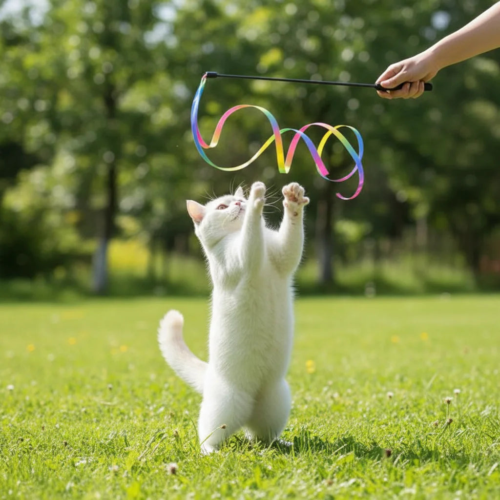 Interactive Coloured Ribbon Cat Toys Teasing Catd Stick Satin Ribbon