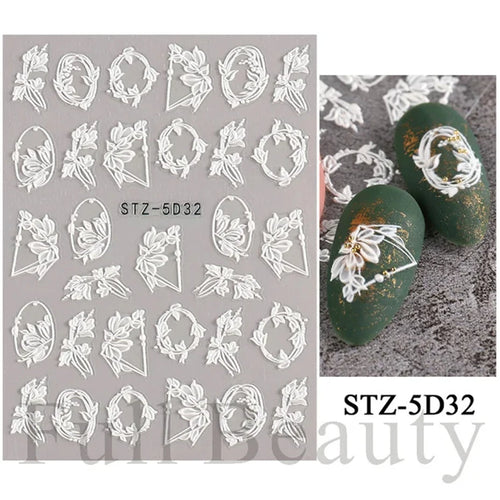 5D Simple Flowers Nail Embossed Stickers Elegant Wedding Design