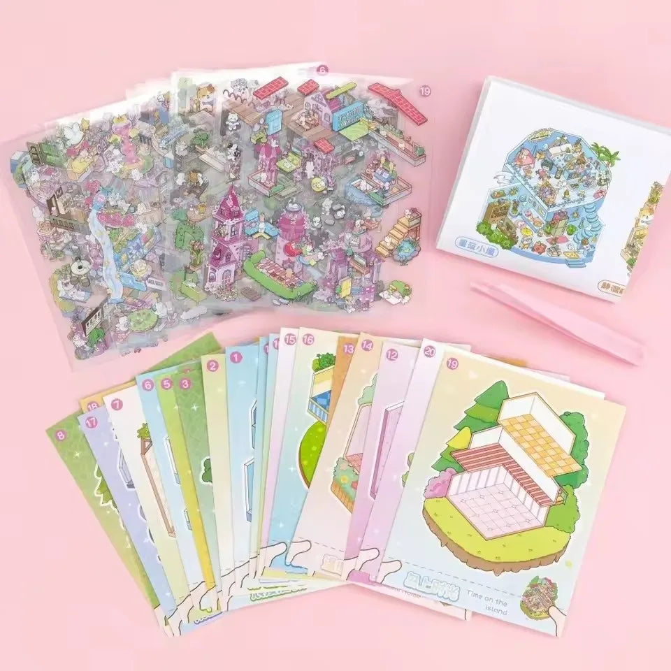 Creative cartoon 3D landscape sticker book PET mini cabin scene