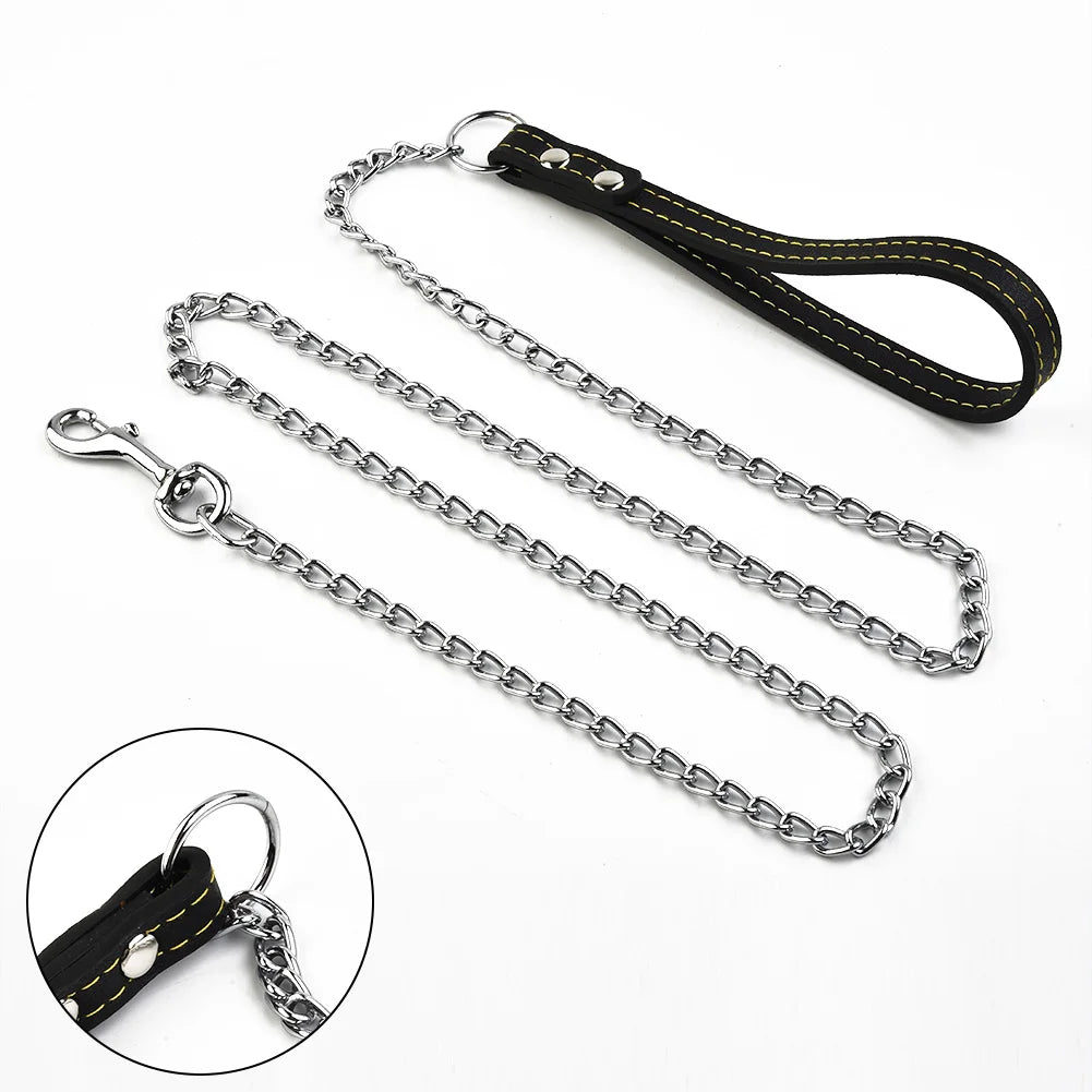 Metal Chain Dog Lead With Leather Style Handle Strong Control Leash