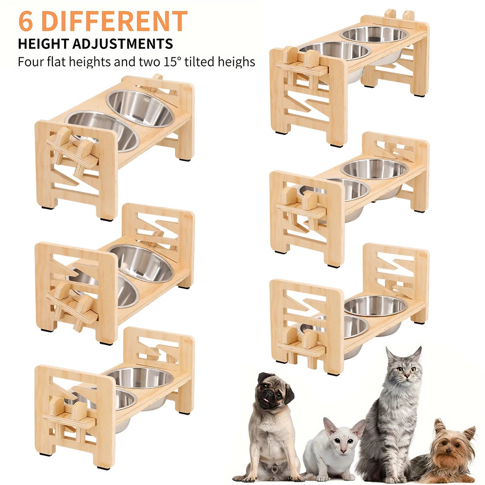 Adjustable wooden raised dog bowl stand with 2 stainless steel bowls
