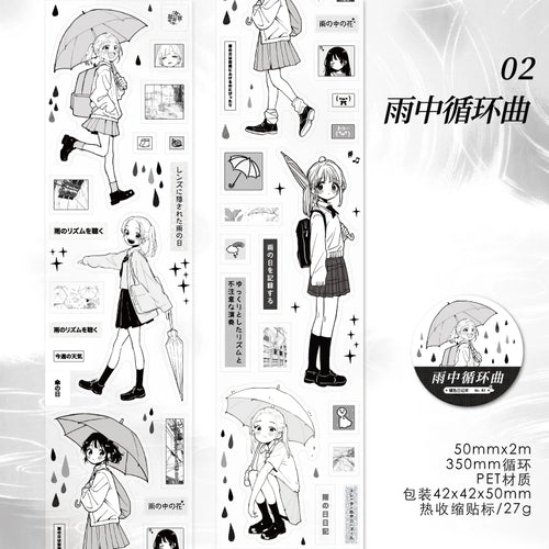 2m/roll Kawaii Japanese black and white manga style PET die-cut tape