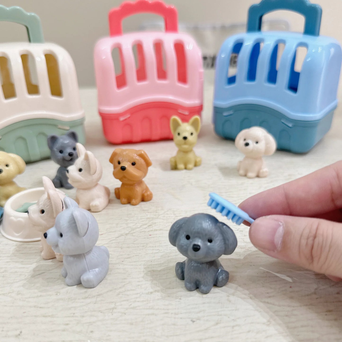 8pcs/set Cute Dog Pet Basket Family Toys Dog Doll Set Dog Cage Toys