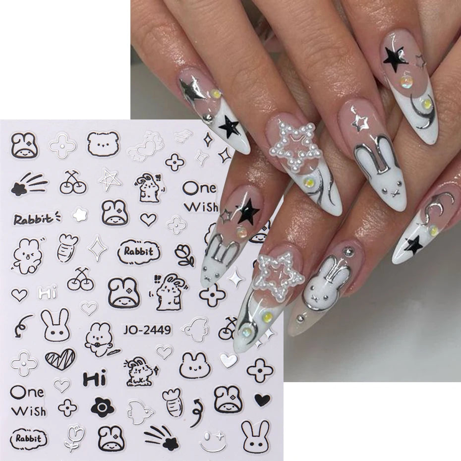 2Pcs Cartoon Cute Cat Nail Childlike Stickers Holographic Love Heart