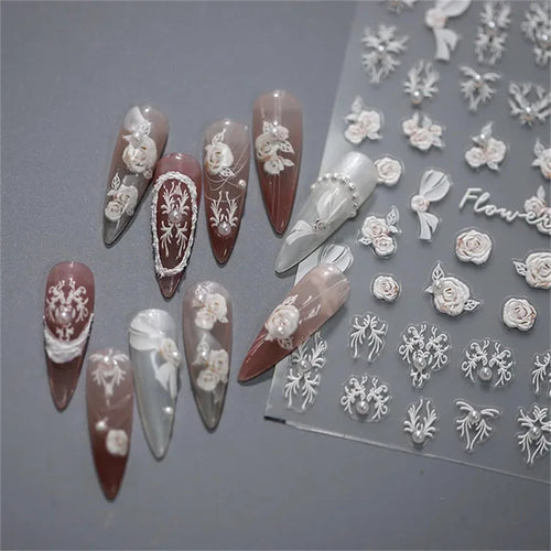 Japanese Vintage Red & Blue Rose Flower Laser Gold Silver Nail