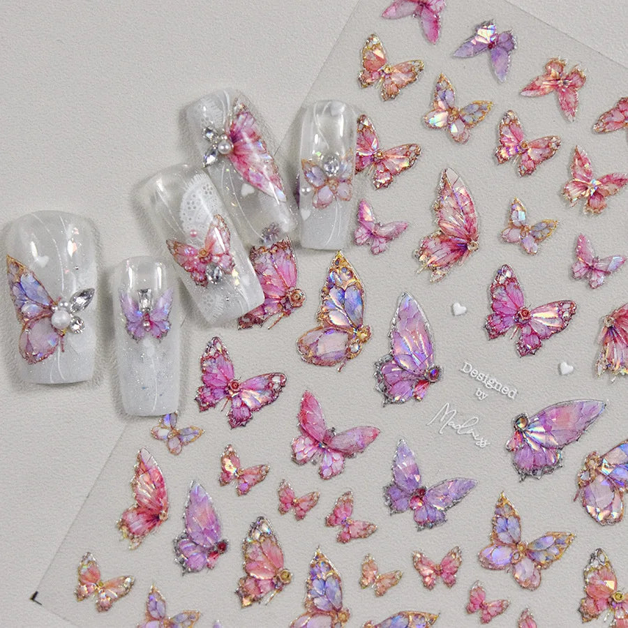 1Pcs 5D Embossed Aurora Butterfly Nail Art Stickers Self Adhesive
