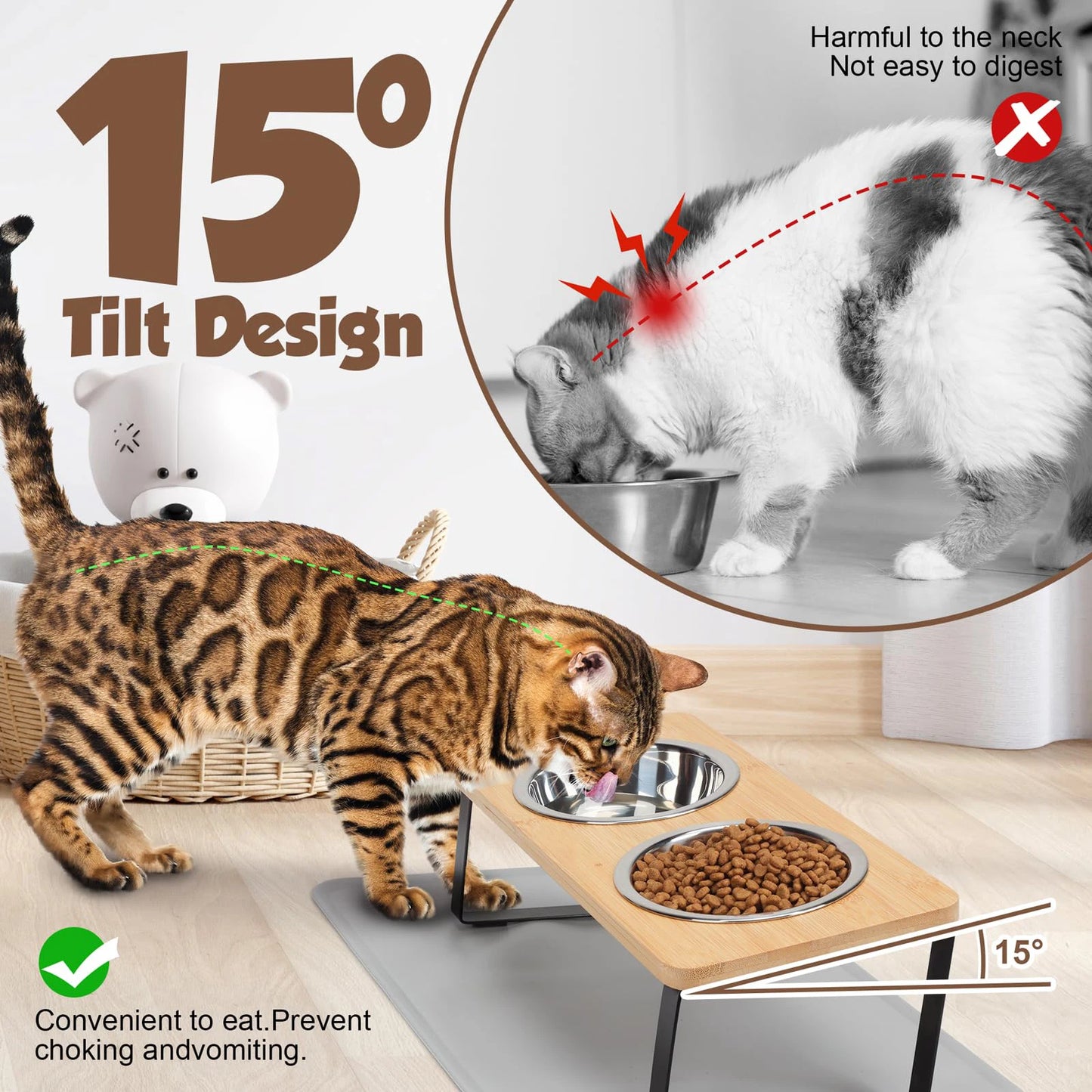 Elevated Cat Bowls Pet Feeder 15° Tilted Raised Cat Food Bowls with