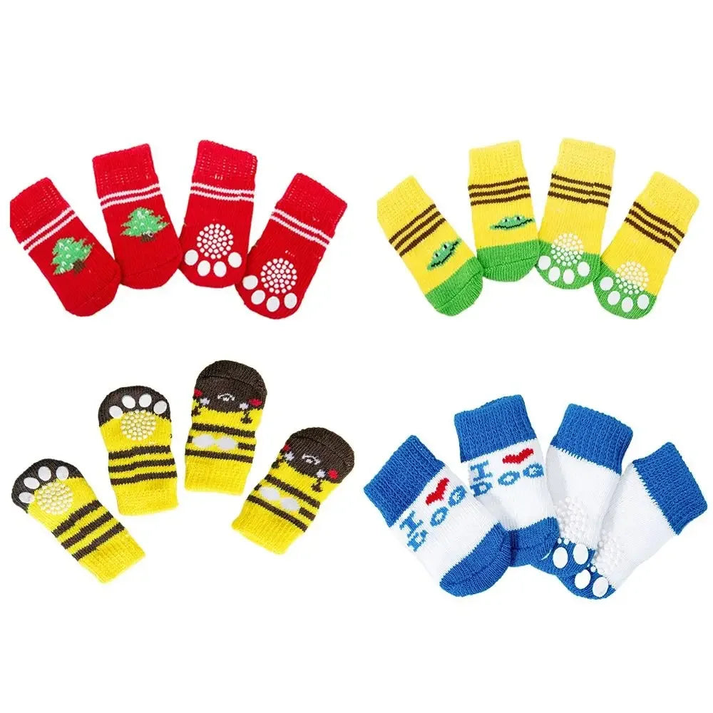 4Pcs Pet Cat Dog Floor Anti-slip Socks Autumn Winter Warm Soft Wool