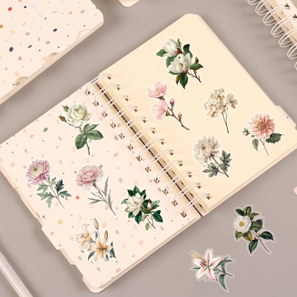 50PCS Retro Flower PET Stickers Beautiful Classical Colorful Art