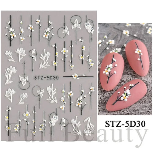 5D Simple Flowers Nail Embossed Stickers Elegant Wedding Design