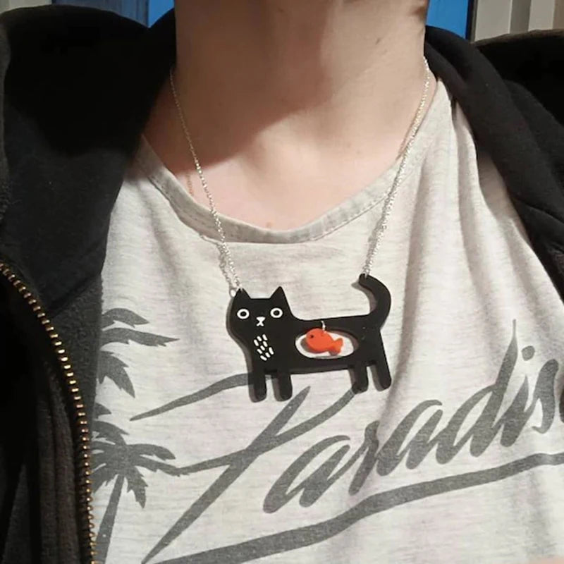 Cute Acrylic Black Cat And Fish Pendant Necklace Kawaii Pet Dog