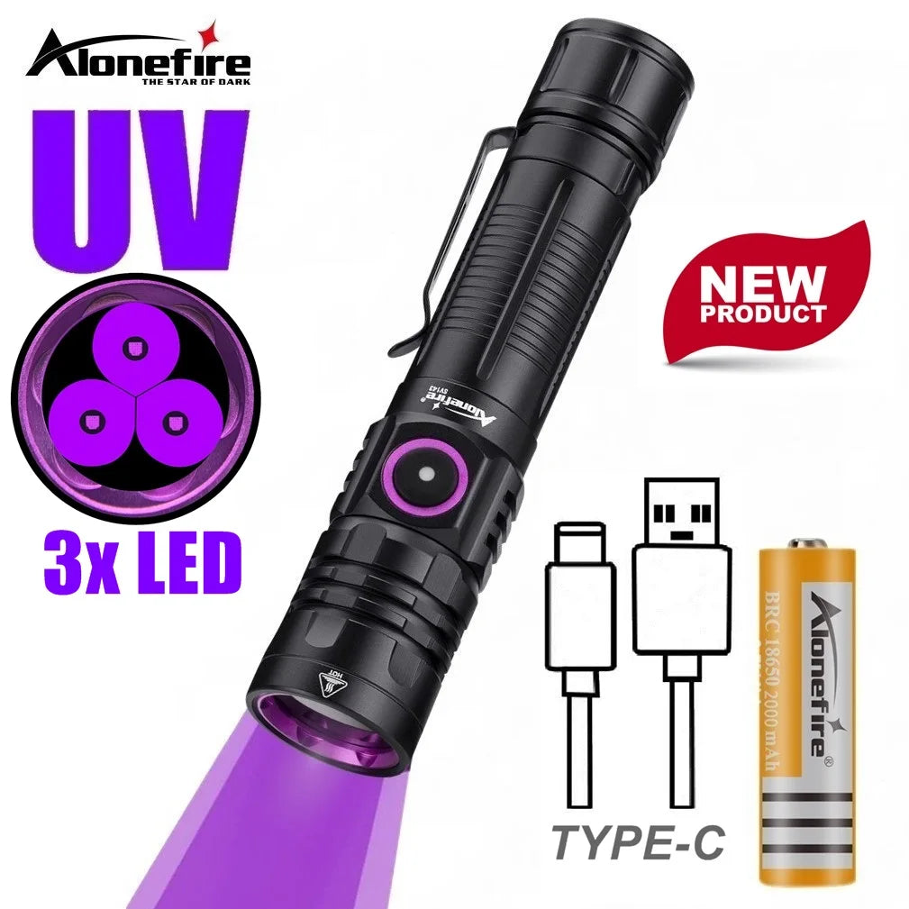 3x365nm/395nm UV LED Flashlight High power Blacklight USB Rechargeable