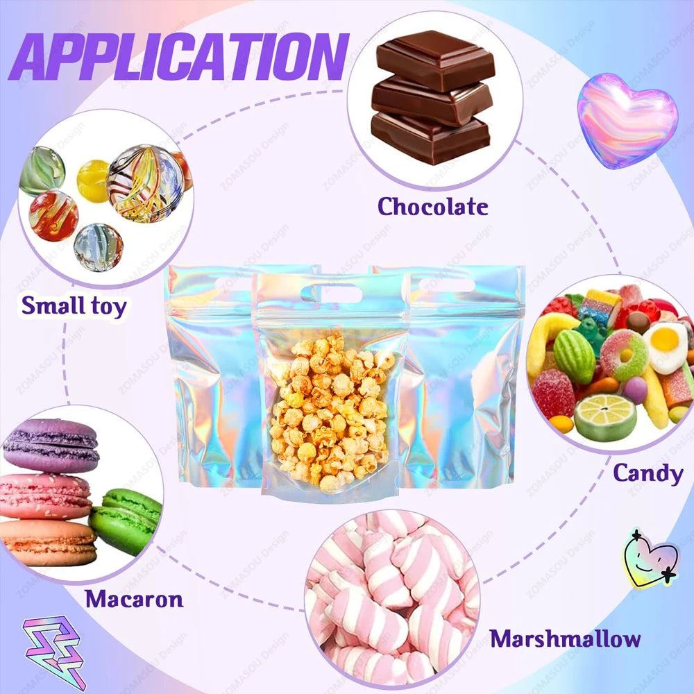 200-1PCS Laser Sealing Bags Color Plastic Holographic Candy Food Pouch