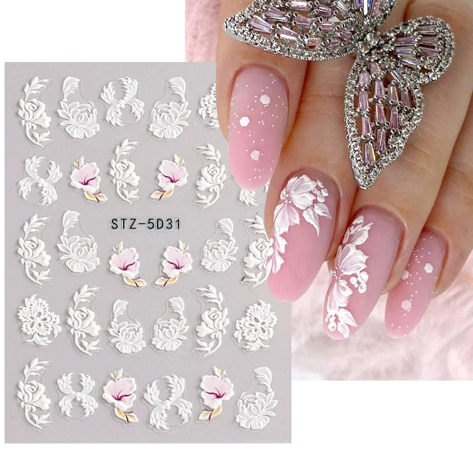 5D Simple Flowers Nail Embossed Stickers Elegant Wedding Design