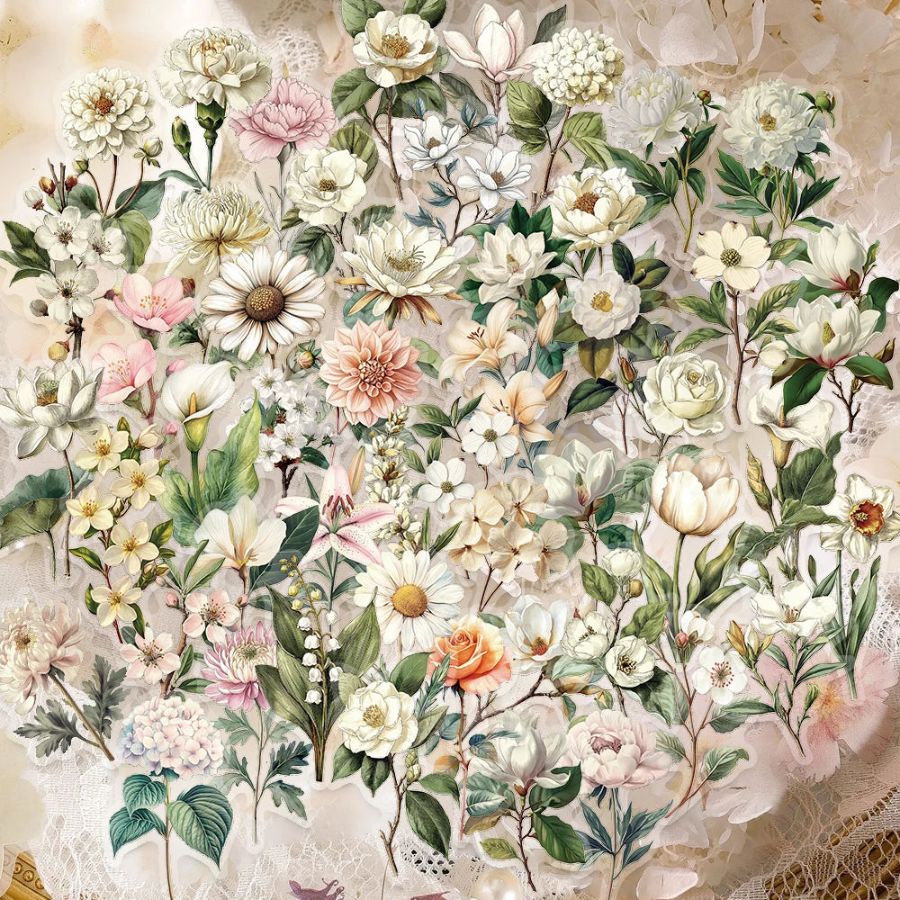 50PCS Retro Flower PET Stickers Beautiful Classical Colorful Art